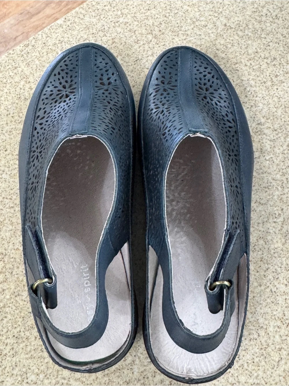 Easy Spirit Sedawn Navy Blue Leather Laser Cut Sling Back Mule Shoes 7.5 WW New